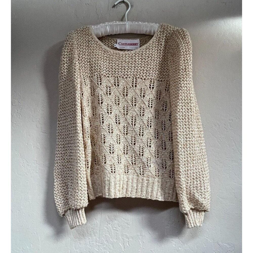 Vintage Castleberry London New York Size 10 Crochet Knit Puff Sleeve Sweater Tan